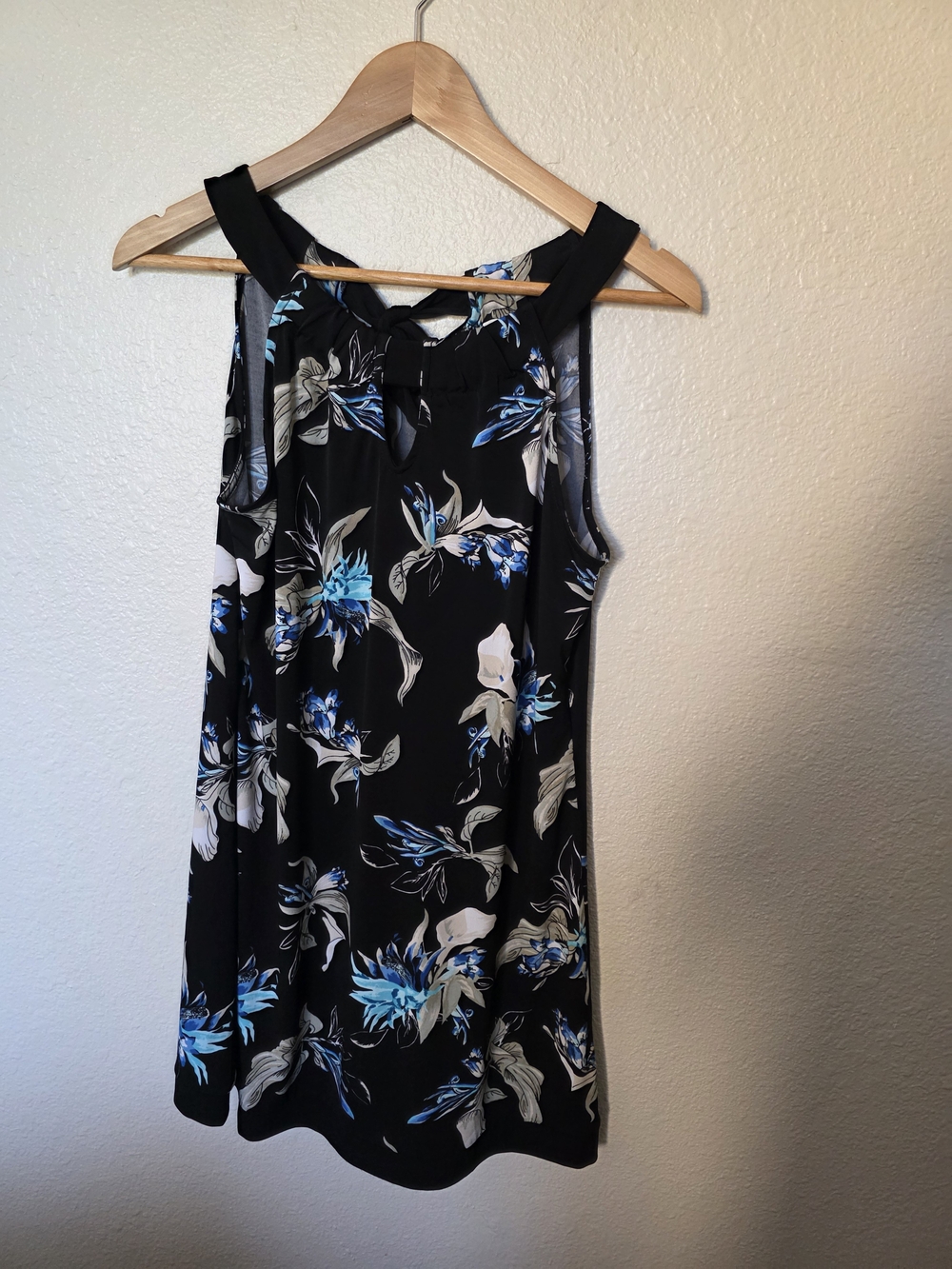 White House Black Market Black Floral Mini Dress with Blue & White Accents